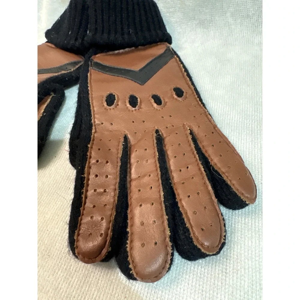 Vintage Aris Knit Gloves Brown Leather Accent V Chevron‎ Perforated Ladies